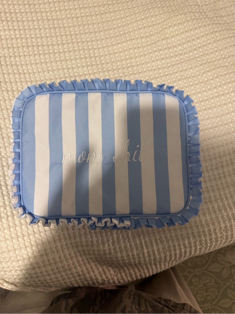 Striped Blue & White Kids Accessory Pouch - Mom Sh*t Embroidered